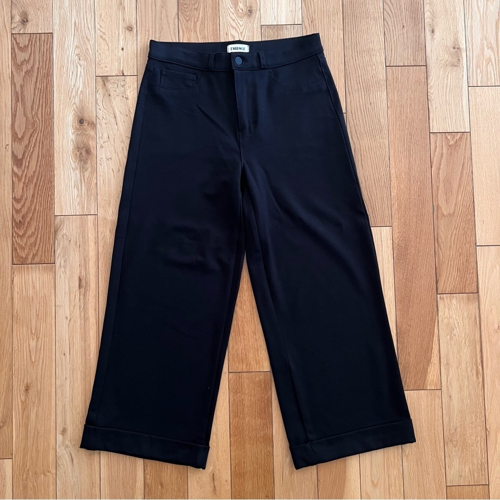 L'Agence Ponte Wide Leg Cropped Cuffed‎ Trouser Pants Black Womens Size 28